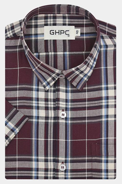 Men's 100% Cotton Madras Checkered Half Sleeves Shirt (Maroon)