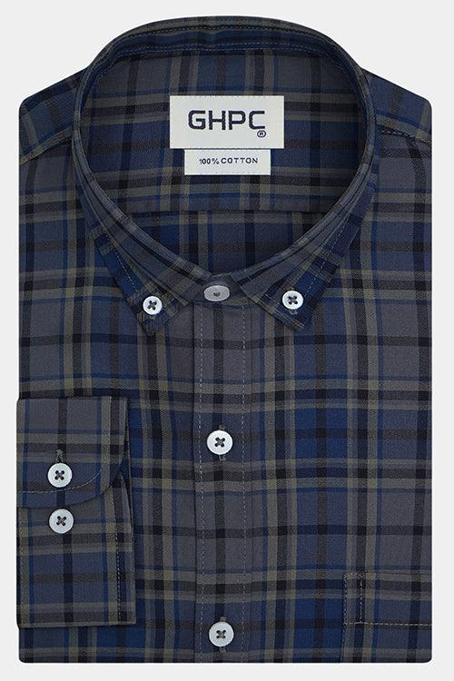 Men's 100% Cotton Plaid Checkered Full Sleeves Shirt (Blue)
