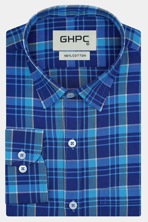Men's 100% Cotton Plaid Checkered Full Sleeves Shirt (Blue)