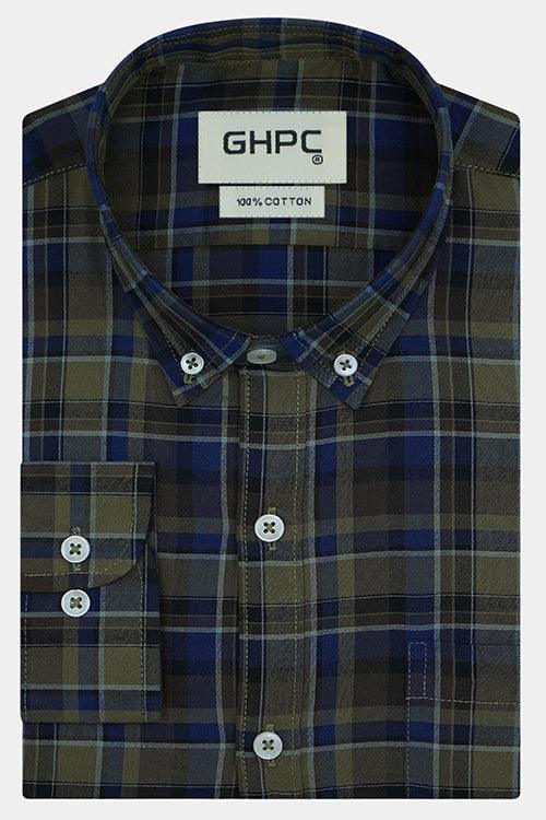 Men's 100% Cotton Plaid Checkered Full Sleeves Shirt (Blue)