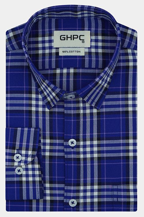 Men's 100% Cotton Plaid Checkered Full Sleeves Shirt (Blue)