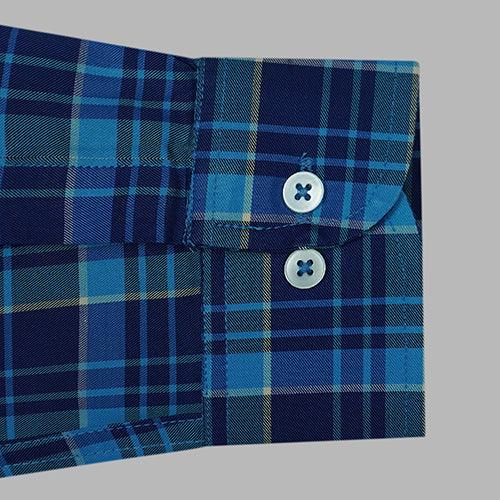 Men's 100% Cotton Plaid Checkered Full Sleeves Shirt (Blue)