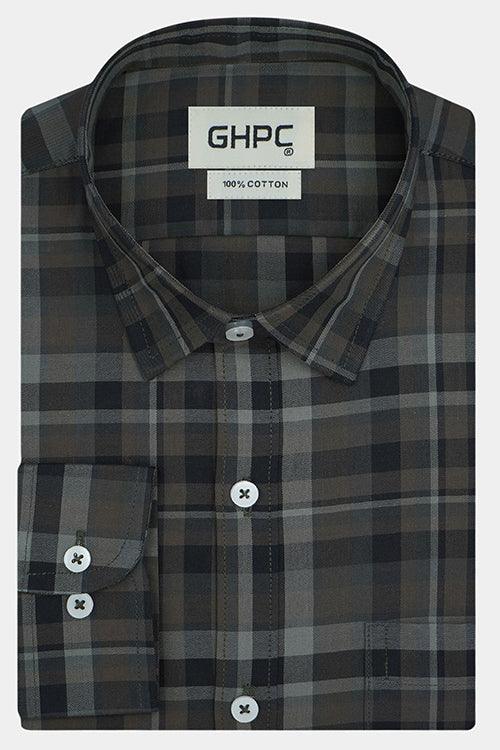 Men's 100% Cotton Plaid Checkered Full Sleeves Shirt (Brown)