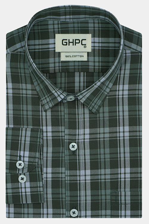 Men's 100% Cotton Plaid Checkered Full Sleeves Shirt (Olive Green)