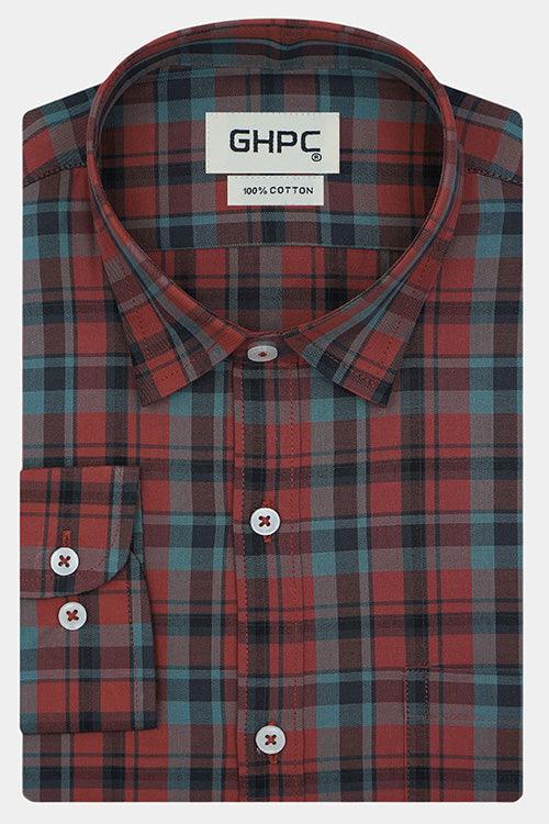 Men's 100% Cotton Plaid Checkered Full Sleeves Shirt (Rust)