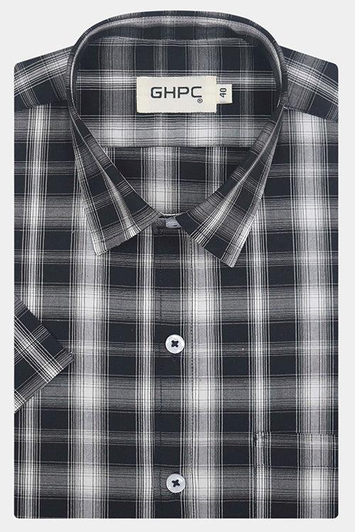 Men's 100% Cotton Plaid Checkered Half Sleeves Shirt (Black)