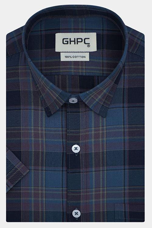 Men's 100% Cotton Plaid Checkered Half Sleeves Shirt (Blue)