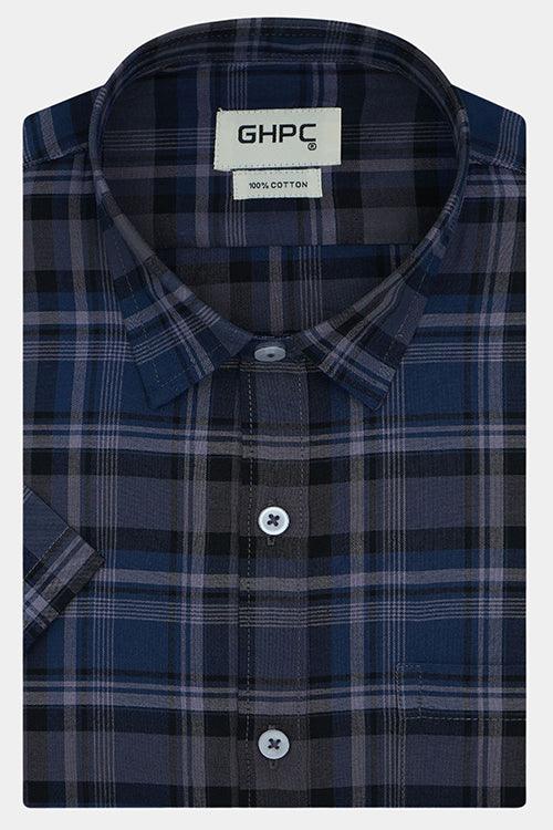 Men's 100% Cotton Plaid Checkered Half Sleeves Shirt (Blue)