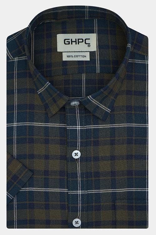 Men's 100% Cotton Plaid Checkered Half Sleeves Shirt (Blue)