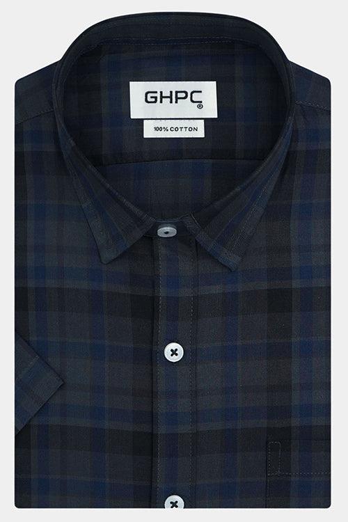 Men's 100% Cotton Plaid Checkered Half Sleeves Shirt (Blue)