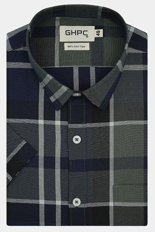 Men's 100% Cotton Plaid Checkered Half Sleeves Shirt (Blue)