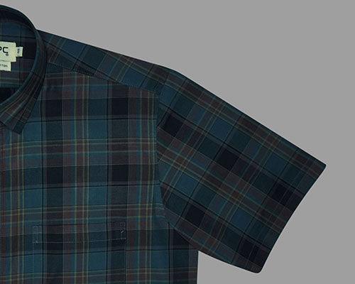 Men's 100% Cotton Plaid Checkered Half Sleeves Shirt (Blue)