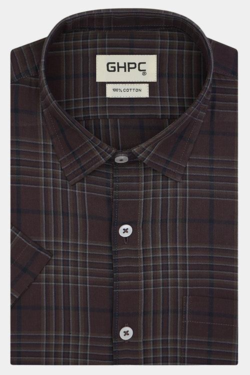 Men's 100% Cotton Plaid Checkered Half Sleeves Shirt (Brown)