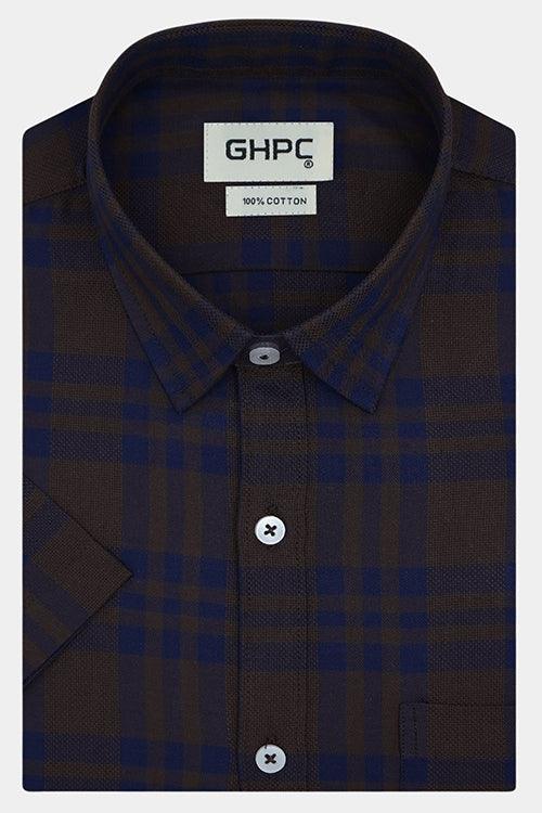 Men's 100% Cotton Plaid Checkered Half Sleeves Shirt (Brown)