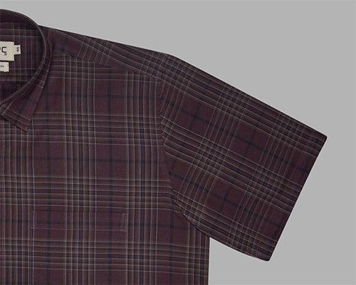 Men's 100% Cotton Plaid Checkered Half Sleeves Shirt (Brown)