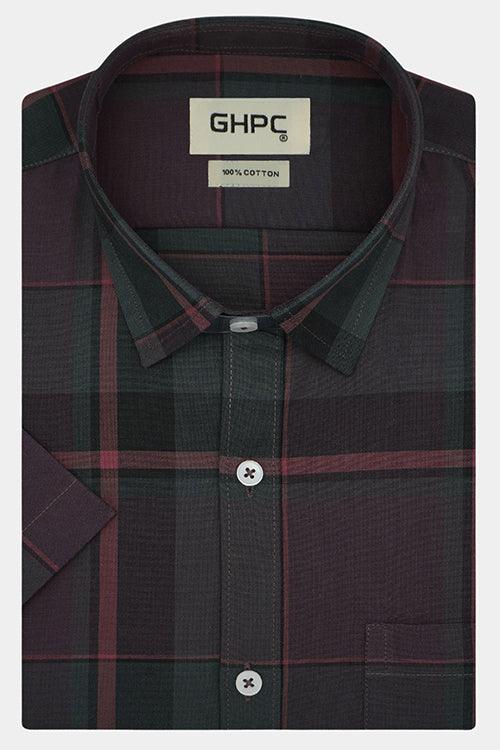 Men's 100% Cotton Plaid Checkered Half Sleeves Shirt (Cola)