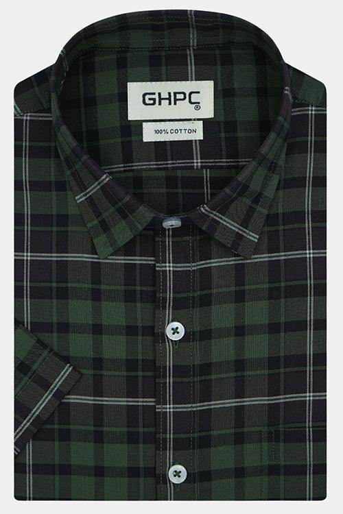 Men's 100% Cotton Plaid Checkered Half Sleeves Shirt (Green)