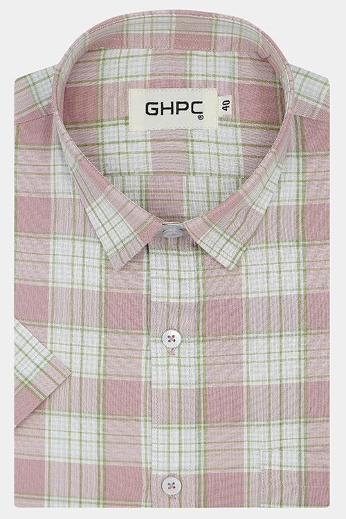 Men's 100% Cotton Plaid Checkered Half Sleeves Shirt (Peach)
