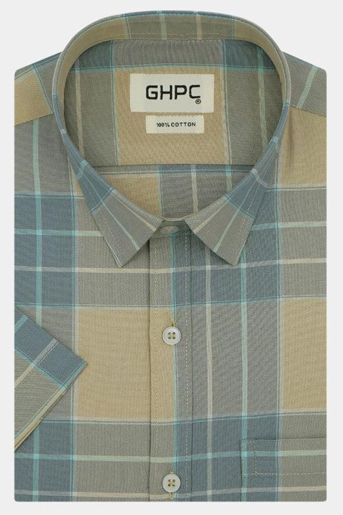 Men's 100% Cotton Plaid Checkered Half Sleeves Shirt (Yellow)