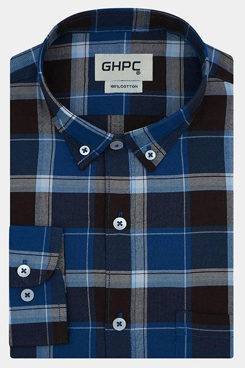 Men's 100% Cotton Tartan Checkered Full Sleeves Shirt (Blue)