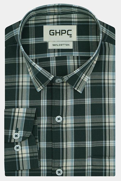 Men's 100% Cotton Tartan Checkered Full Sleeves Shirt (Forest Green)