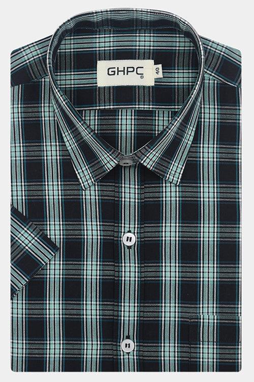 Men's 100% Cotton Tartan Checkered Half Sleeves Shirt (Black)