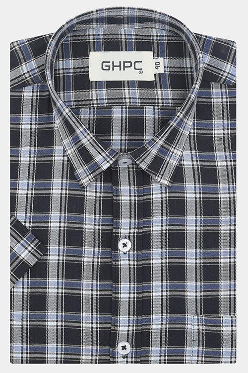 Men's 100% Cotton Tartan Checkered Half Sleeves Shirt (Black)