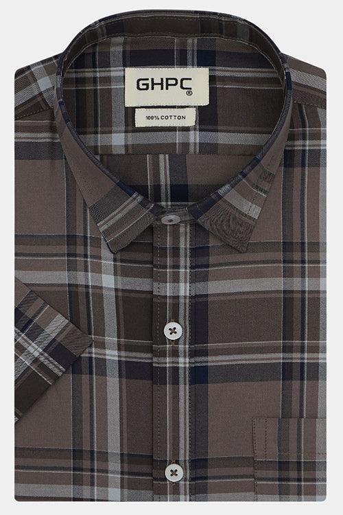 Men's 100% Cotton Tartan Checkered Half Sleeves Shirt (Brown)