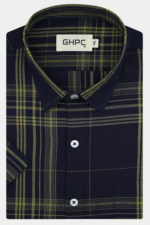 Men's 100% Cotton Tartan Checkered Half Sleeves Shirt (Navy)