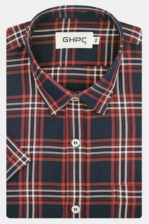 Men's 100% Cotton Tartan Checkered Half Sleeves Shirt (Navy)