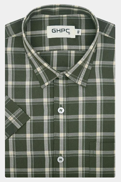 Men's 100% Cotton Tartan Checkered Half Sleeves Shirt (Olive)