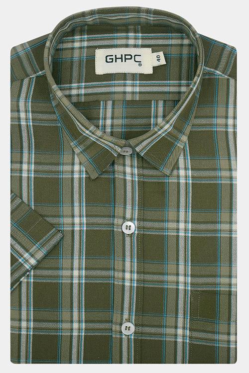 Men's 100% Cotton Tartan Checkered Half Sleeves Shirt (Olive)