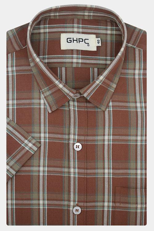 Men's 100% Cotton Tartan Checkered Half Sleeves Shirt (Rust)