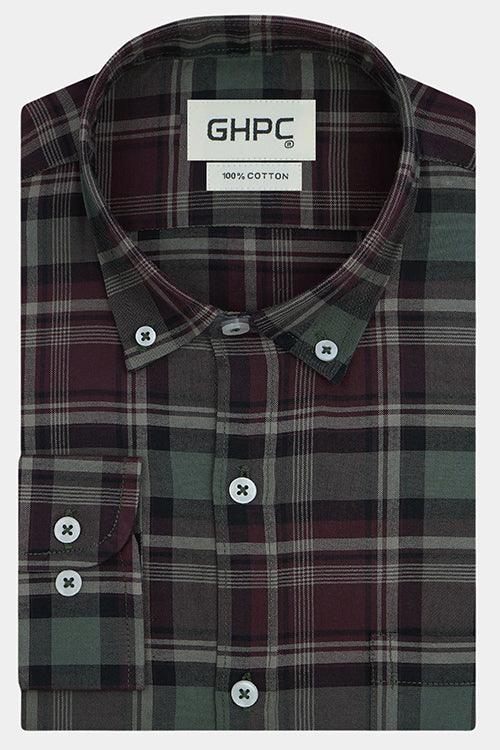 Men's 100% Cotton Tartan Plaid Checkered Full Sleeves Shirt (Maroon)