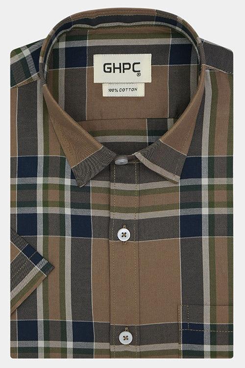 Men's 100% Cotton Tartan Plaid Checkered Half Sleeves Shirt (Blue)