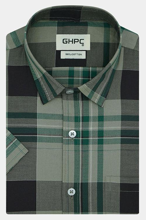 Men's 100% Cotton Tartan Plaid Checkered Half Sleeves Shirt (Green)