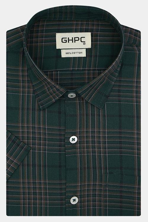 Men's 100% Cotton Tartan Plaid Checkered Half Sleeves Shirt (Green)