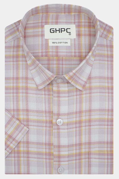 Men's 100% Cotton Tartan Plaid Checkered Half Sleeves Shirt (Rust)