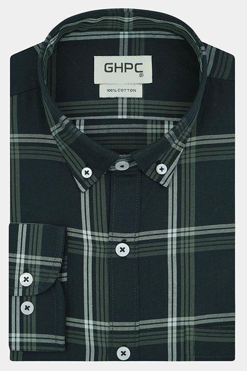Men's 100% Cotton Windowpane Checkered Full Sleeves Shirt (Black)