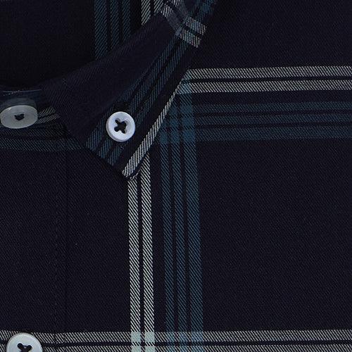 Men's 100% Cotton Windowpane Checkered Full Sleeves Shirt (Navy)