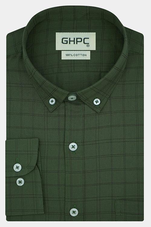 Men's 100% Cotton Windowpane Checkered Full Sleeves Shirt (Olive Green)