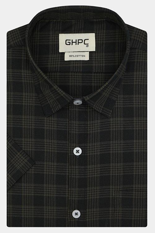 Men's 100% Cotton Windowpane Checkered Half Sleeves Shirt (Black)