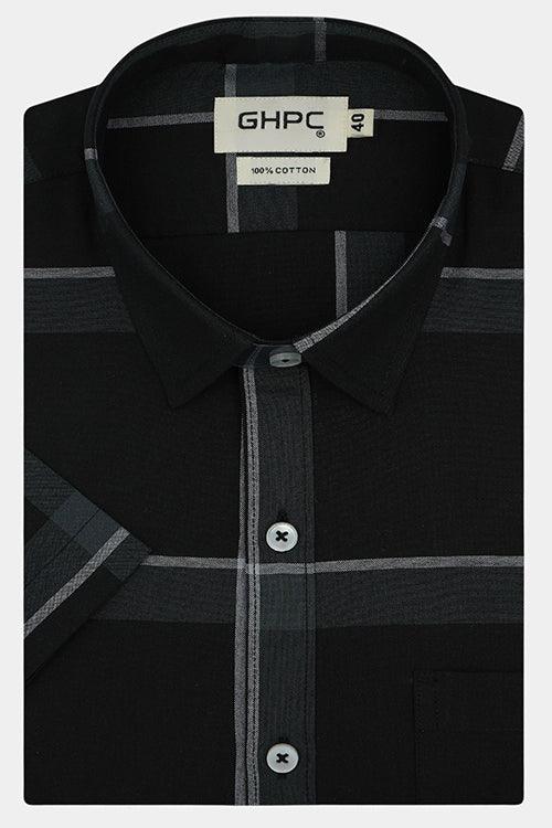 Men's 100% Cotton Windowpane Checkered Half Sleeves Shirt (Black)