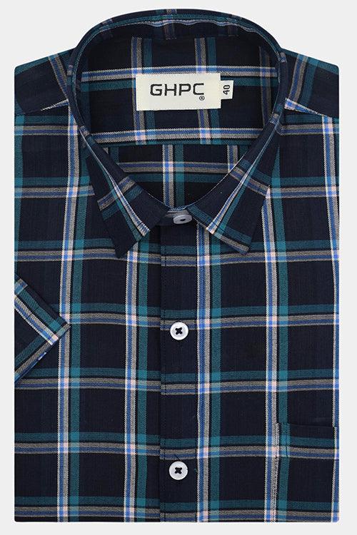 Men's 100% Cotton Windowpane Checkered Half Sleeves Shirt (Black)
