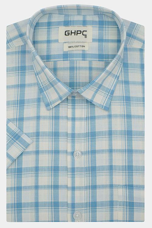 Men's 100% Cotton Windowpane Checkered Half Sleeves Shirt (Blue)