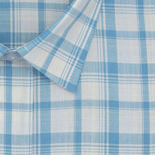 Men's 100% Cotton Windowpane Checkered Half Sleeves Shirt (Blue)
