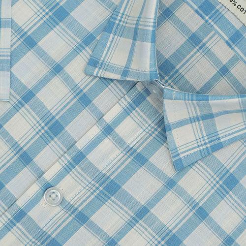 Men's 100% Cotton Windowpane Checkered Half Sleeves Shirt (Blue)