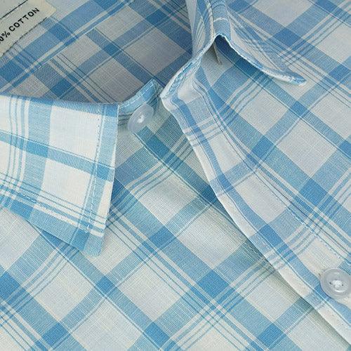 Men's 100% Cotton Windowpane Checkered Half Sleeves Shirt (Blue)