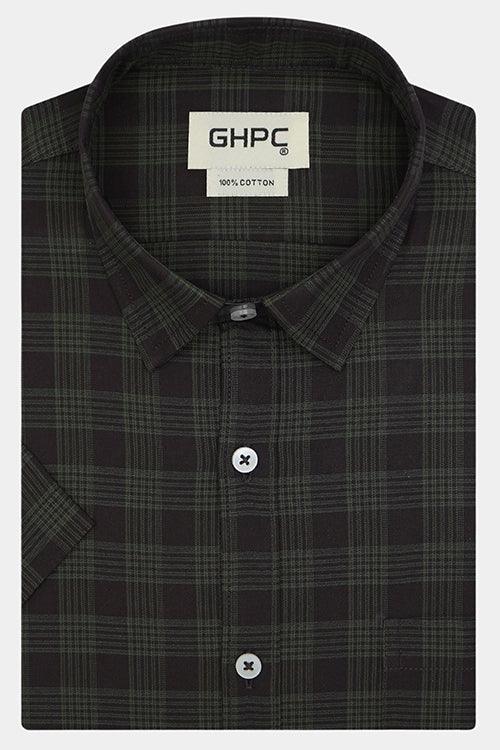 Men's 100% Cotton Windowpane Checkered Half Sleeves Shirt (Brown)