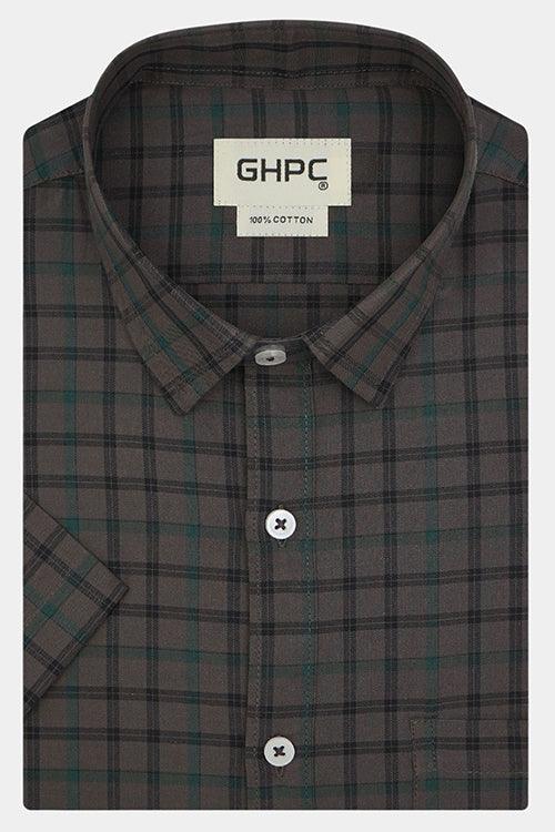 Men's 100% Cotton Windowpane Checkered Half Sleeves Shirt (Brown)